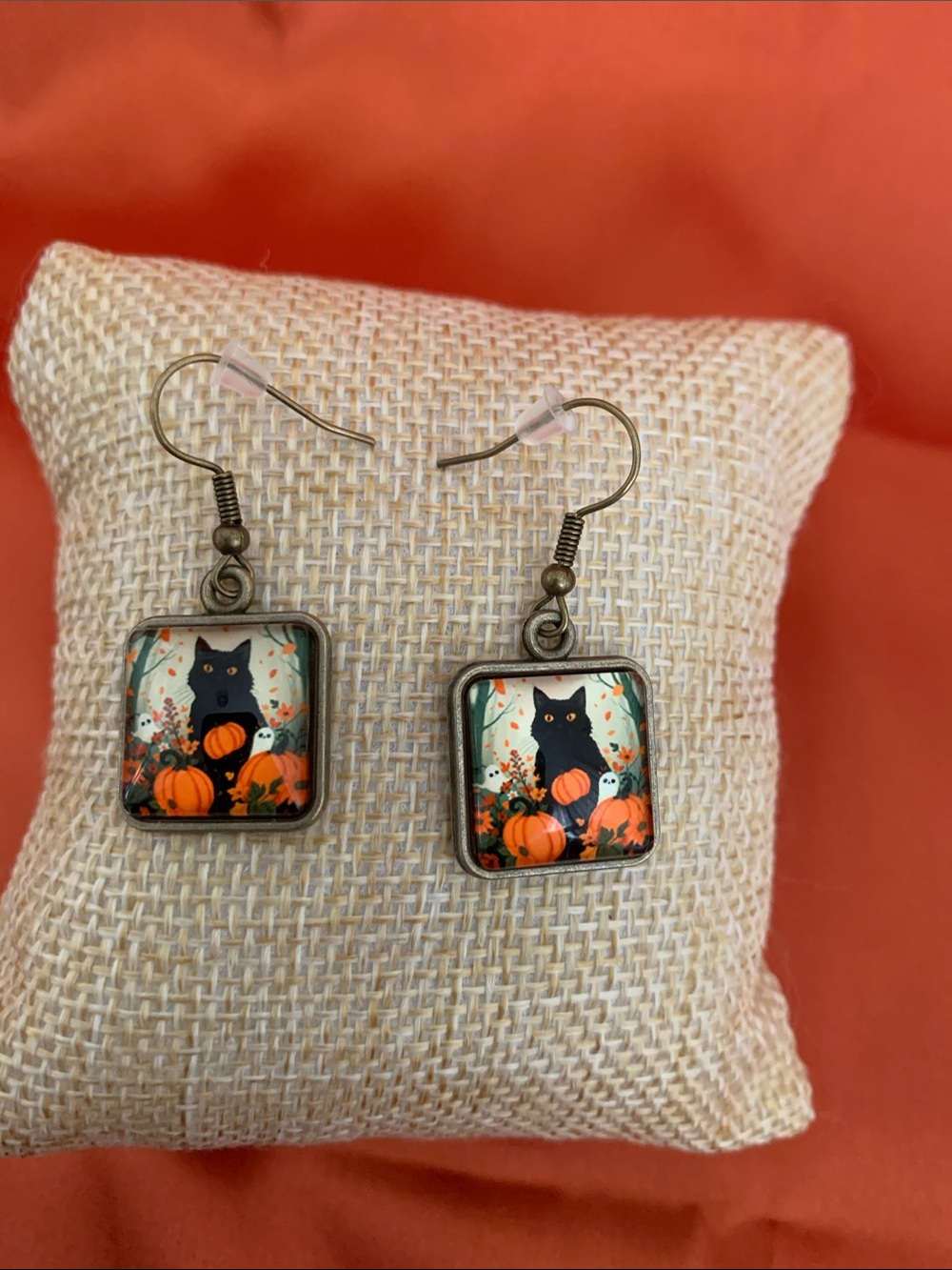 Black Cat Pumpkin Square Drop Earrings - Festive Orange & Black